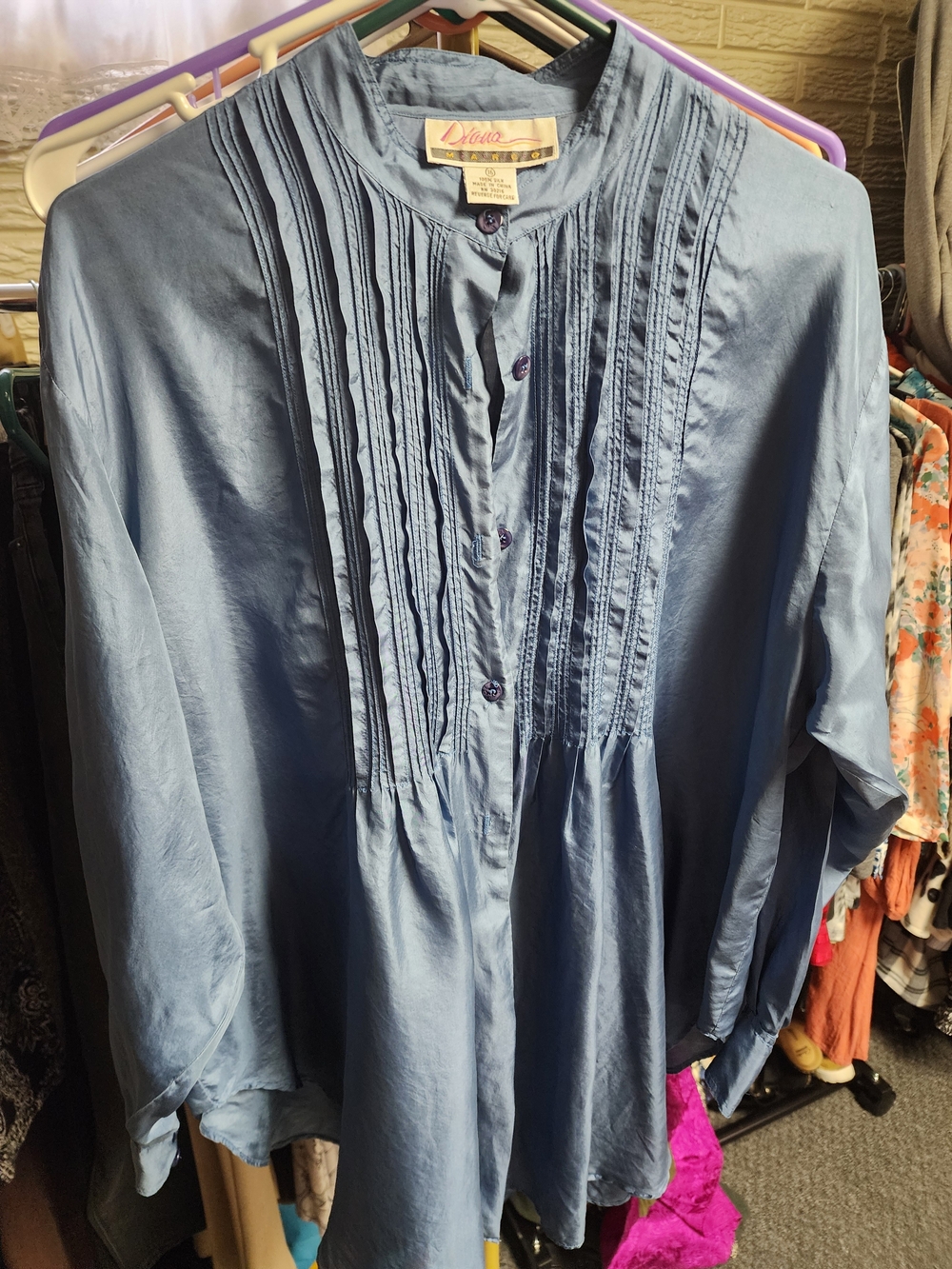 Vintage Diana Marco Silk Women's Blue Pintuck Button-Front Tunic